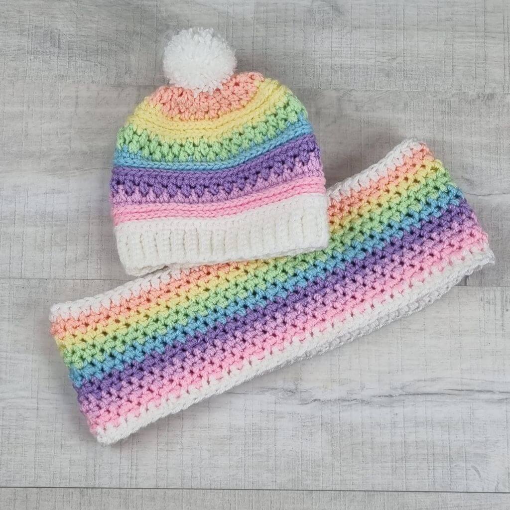 Rainbow Beanie and Cowl - Jacaranda Country Crafts
