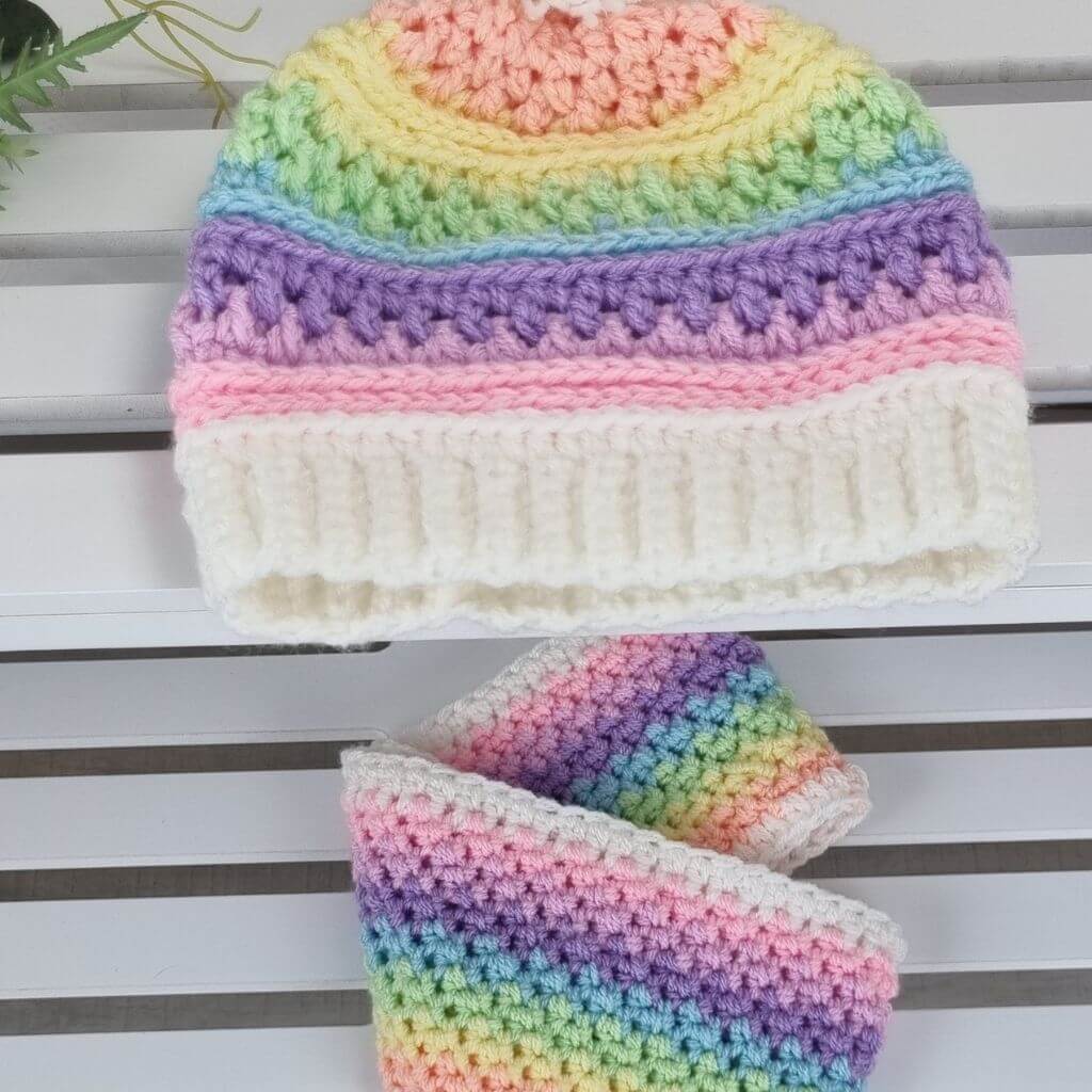 Rainbow Beanie and Cowl - Jacaranda Country Crafts