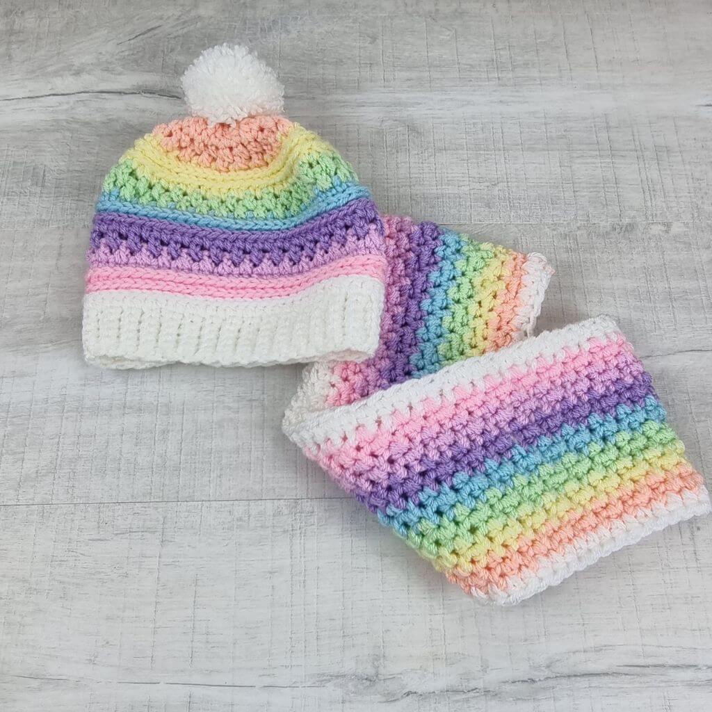 Rainbow Beanie and Cowl - Jacaranda Country Crafts