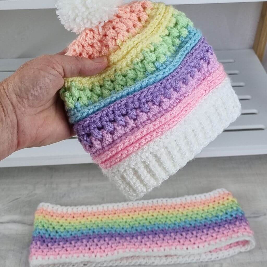 Rainbow Beanie and Cowl - Jacaranda Country Crafts