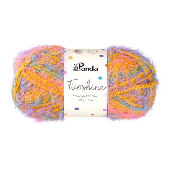 Multicolored yarn ball with Panda brand label on a white background Funshine Bliss