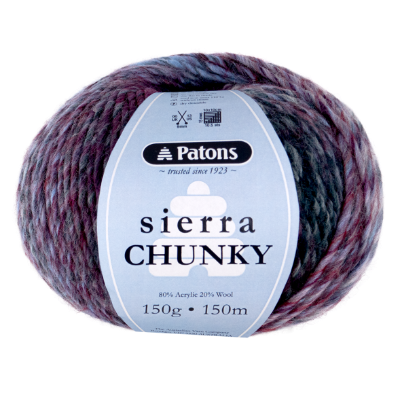 Ball of Patons Sierra Chunky yarn with label on a white background