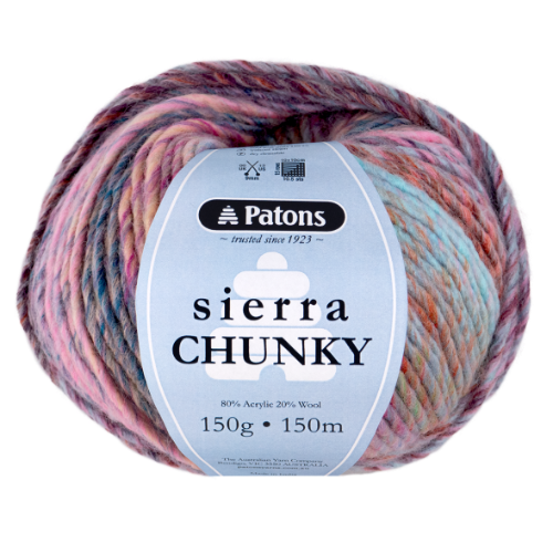 Ball of Patons Sierra Chunky yarn with a multicolored pattern on a white background