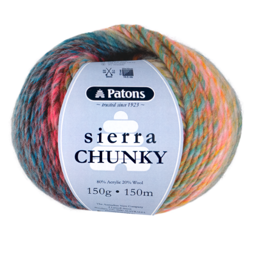 Multicolored skein of yarn with Patons label on a white background