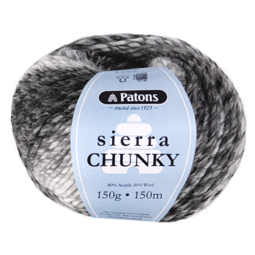 Ball of Patons Sierra Chunky yarn with label on a white background