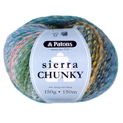 Multicolored skein of yarn with Patons label on a white background