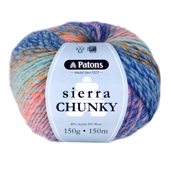 Ball of Patons Sierra Chunky yarn with multicolor pattern on a white background