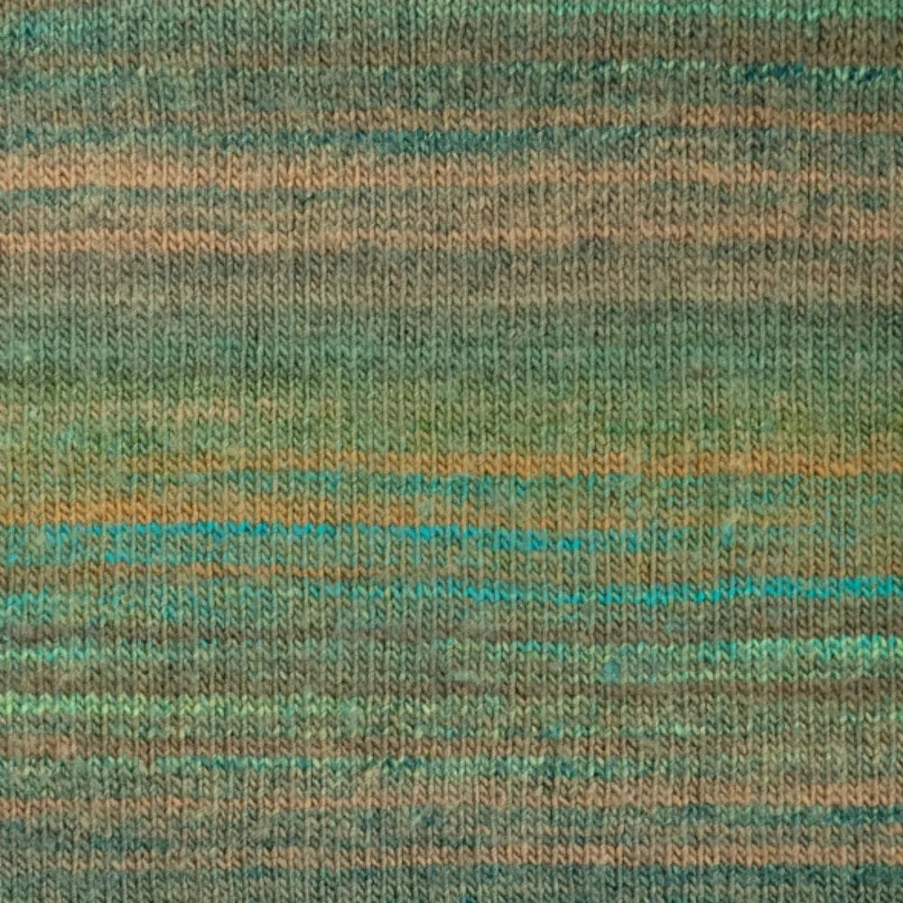 Close-up of a knitted fabric texture with horizontal stripes in muted green, teal, brown, and tan.