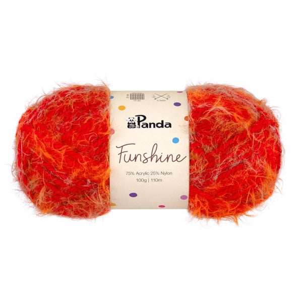 Ball of red yarn with a Panda brand label on a white background Fury red