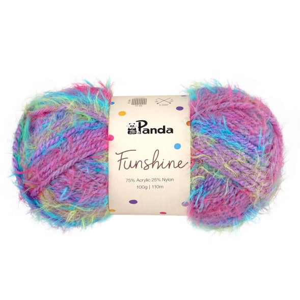 Multicolored yarn ball with Panda brand label on a white background Funshine Fable