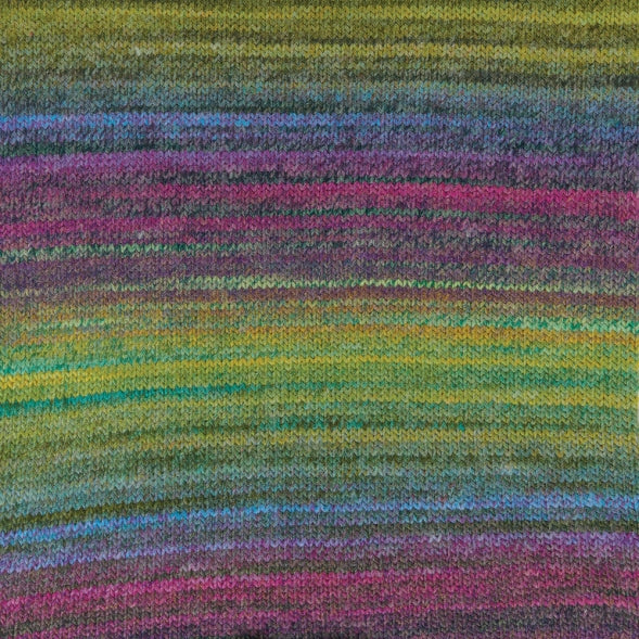 Multicolored yarn swatch with shades of green, purple, and blue.