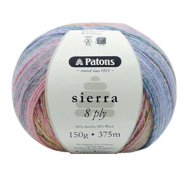 Ball of Patons Sierra 8 ply yarn with multicolor pattern on a white background