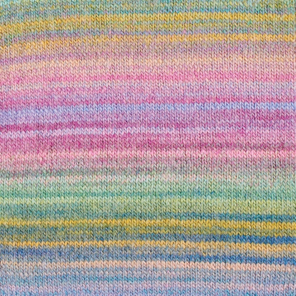 Close-up of a knitted fabric with multicolored yarn.