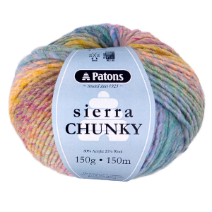 Multicolored skein of yarn with Patons label on a white background