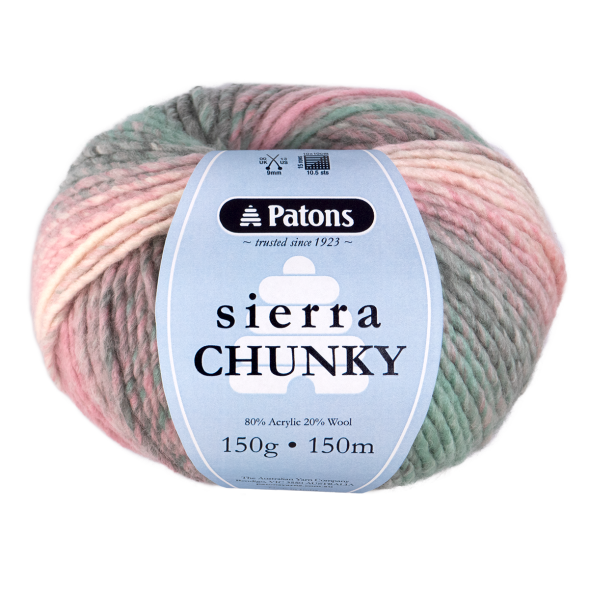 Ball of Patons Sierra Chunky yarn with a multicolor pattern on a white background